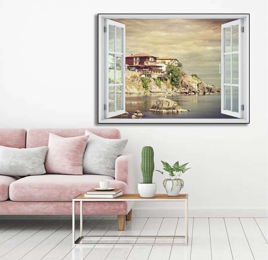 Наклейка на стену - 3D-окно с видом на скалы у моря, 130 х 85