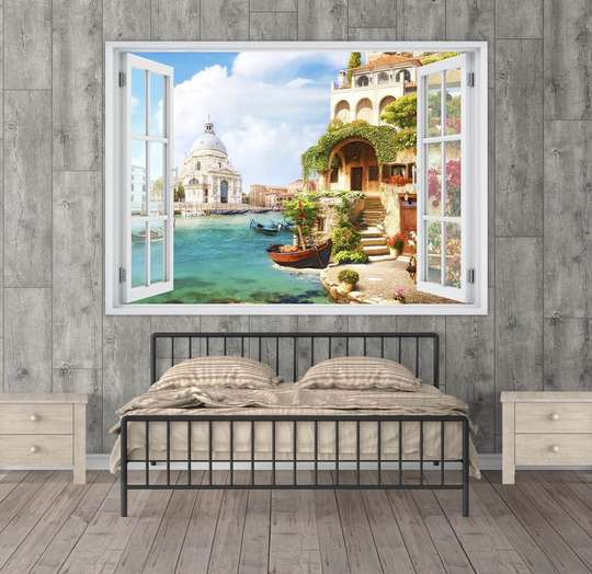 Наклейка на стену - Окно с видом на город на воде и лодках, 130 х 85