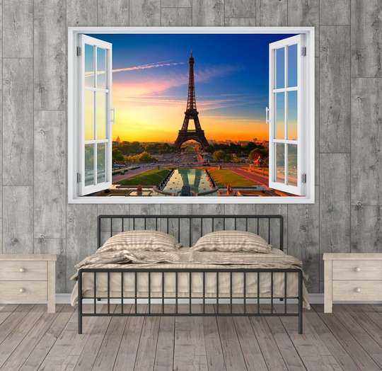 Наклейка на стену - Окно с видом на закат в Париже, Имитация окна, 130 х 85