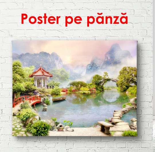 Poster - Chinese landscape near the lake, 90 x 60 см, Framed poster