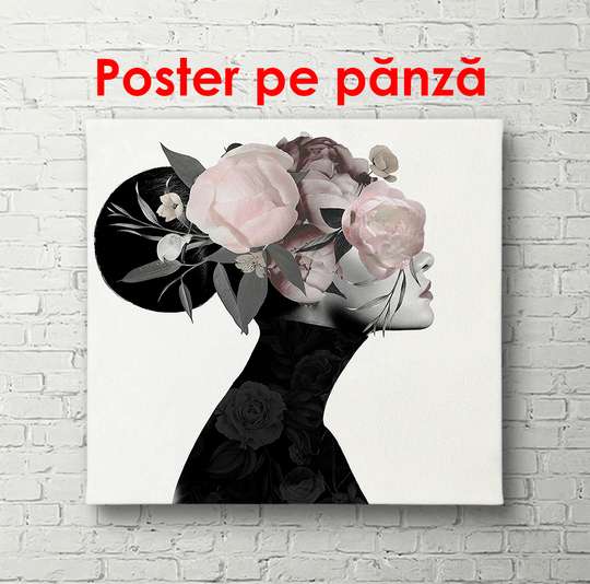 Постер - Девушка с цветами, 40 x 40 см, Холст на подрамнике, Черно Белые