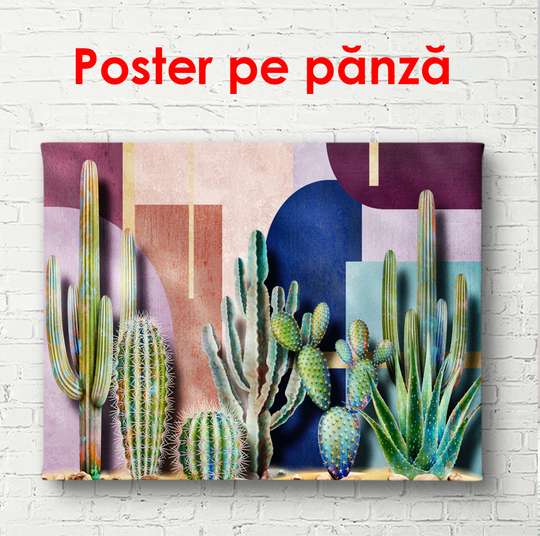 Poster - Green cacti on a colorful background, 90 x 60 см, Framed poster