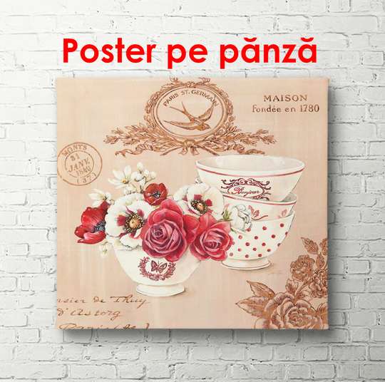 Poster - Pink flowers in a vase on the table against the backdrop of pink wallpaper, 100 x 100 см, Framed poster