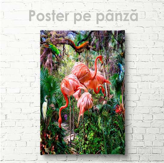 Poster, Flamingos in the jungle, 30 x 45 см, Canvas on frame, Animals