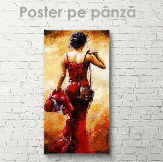 Poster - Domnișoara elegantă în rochie roșie, 30 x 90 см, Panza pe cadru
