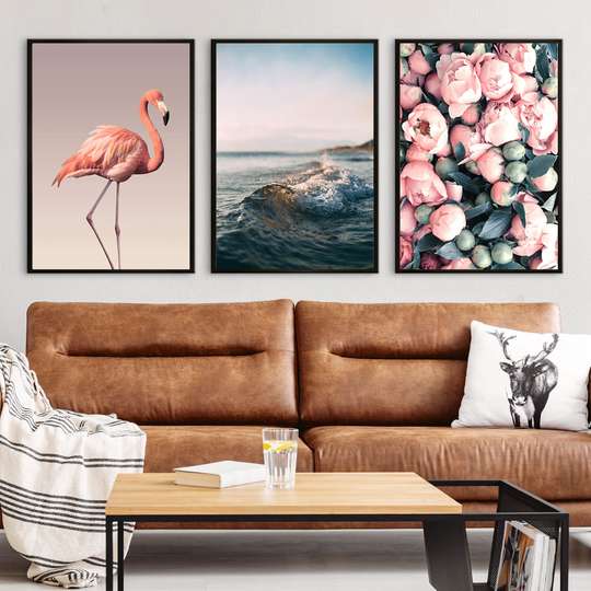 Постер - Фламинго, море и цветы, 60 x 90 см, Постер на Стекле в раме, Наборы