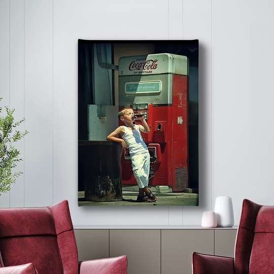 Постер - Мальчик и кока кола, 30 x 60 см, Холст на подрамнике, Винтаж
