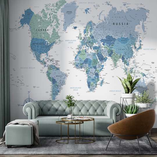 Фотообои - Карта мира в оттенках синего на белом фоне