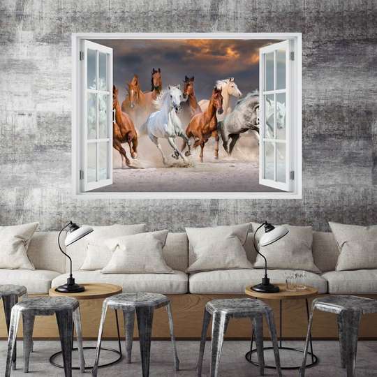 Stickere pentru pereți - Fereastra 3D cu vedere spre niște cai în galop, Imitarea Ferestrei, 130 х 85