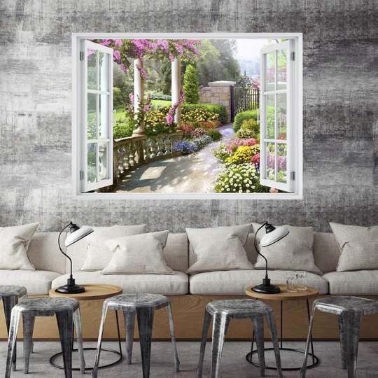 Наклейка на стену - 3D-окно с видом на цветник, Имитация окна, 130 х 85