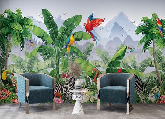 Wall mural - Tropical jungle with animals and mountains