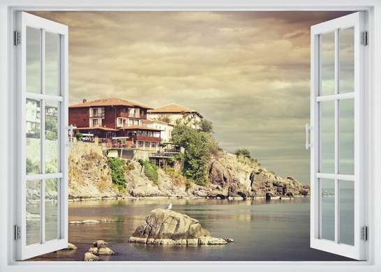Wall Sticker - 3D window with a view of the rocks by the sea, Window imitation