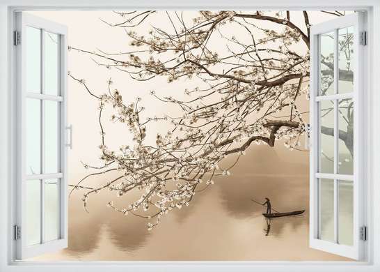 Stickere pentru pereți - Fereastra cu vedere spre un lac în ceață, Imitarea Ferestrei, 130 х 85