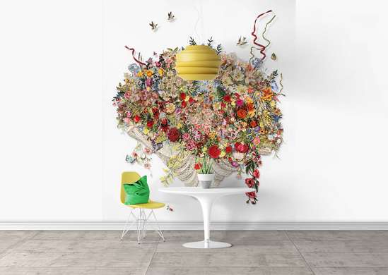 Wall Mural - Bouquet of flowers and hummingbirds on a white background