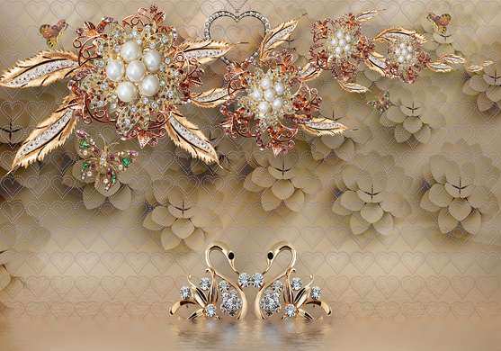 Wall Mural - Golden flowers from a brooch and golden swans