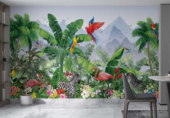 Wall mural - Tropical jungle with animals and mountains