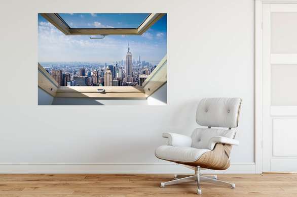 Наклейка на стену - 3D-окно с видом на Нью-Йорк, Имитация окна, 130 х 85