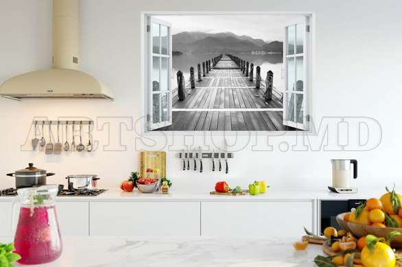 Stickere pentru pereți - Fereastra cu vedere spre un pod alb-negru, Imitarea Ferestrei, 130 х 85