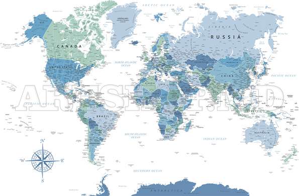 Фотообои - Карта мира в оттенках синего на белом фоне