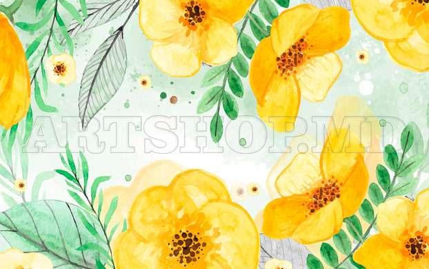 Wall Mural - Yellow flowers with green leaves on a gentle background