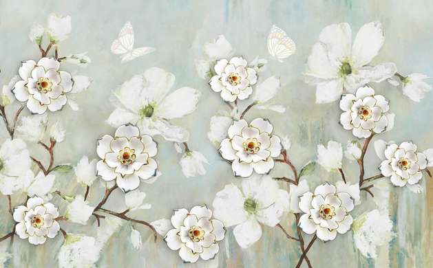 Ширма - Белые цветы на синем фоне, 3
