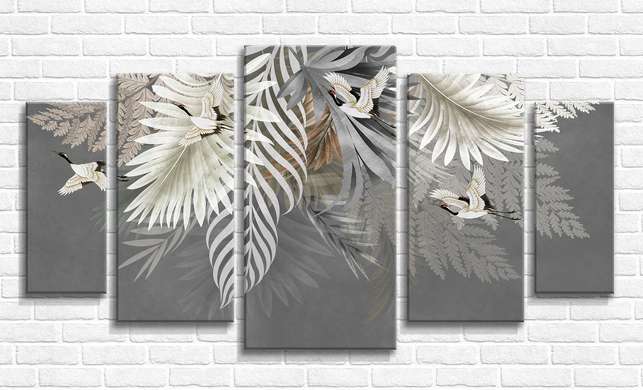 Модульная картина, Бежевые листья и птицы на сером фоне, 108 х 60
