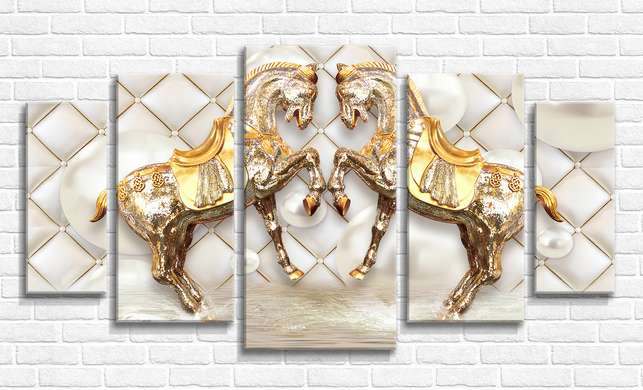 Modular picture, Golden horses on a light background, 108 х 60
