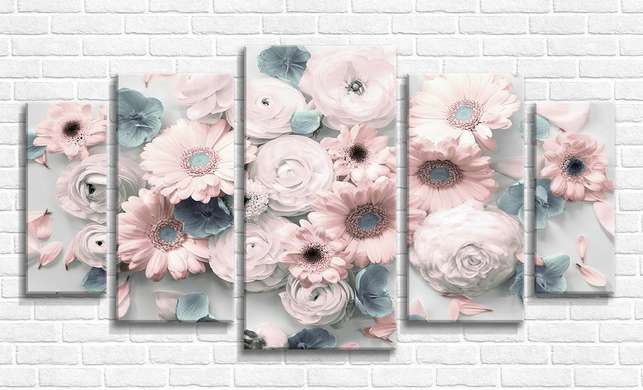Tablou Pe Panza Multicanvas, Flori în nuanțe de roz pal, 206 x 115