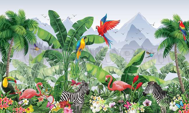 Wall mural - Tropical jungle with animals and mountains