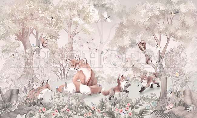 Wall mural in the nursery - Fox family in the forest