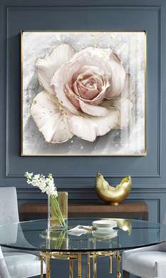 Poster - Trandafir delicat cu margini aurii, 100 x 100 см, Poster inramat pe sticla