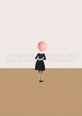 Poster - Girl in dress with pink balloon, 60 x 90 см, Framed poster on glass, Minimalism