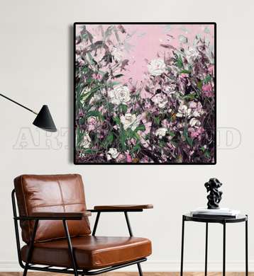 Poster - Delicate roses on a pink background, 100 x 100 см, Framed poster on glass, Flowers