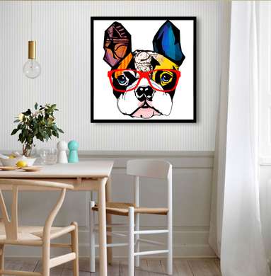 Poster - Fashionable french bulldog with glasses, 100 x 100 см, Framed poster on glass, Minimalism