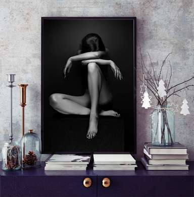 Poster - Black and white image of a feminine girl, 30 x 45 см, Canvas on frame, Nude