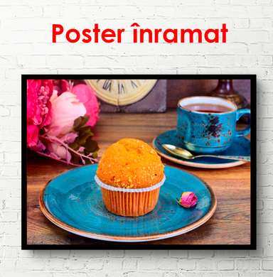 Orange color muffin on a blue table, 90 x 60 см, Framed poster, Food and Drinks