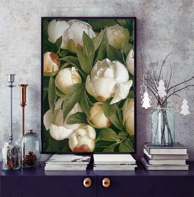 Постер - Бутоны белых пионов, 30 x 45 см, Холст на подрамнике, Цветы