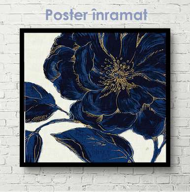 Постер - Синий цветок с золотыми краями, 40 x 40 см, Холст на подрамнике, Ботаника