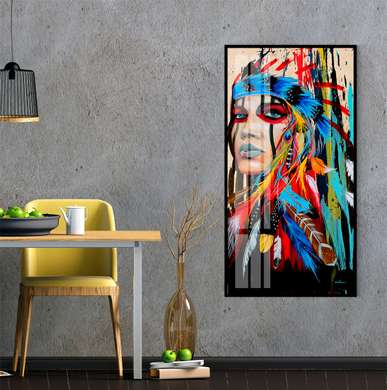 Постер - Индеец нарисованный в ярких красках, 50 x 150 см, Постер в раме, Разные
