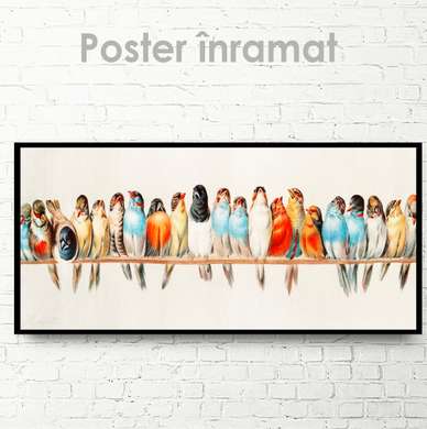 Poster, Birds on a branch, 150 x 50 см, Framed poster on glass, Animals