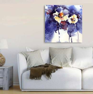 Poster - Flori de violete în acuarelă, 40 x 40 см, Panza pe cadru, Flori