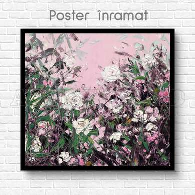 Poster - Delicate roses on a pink background, 100 x 100 см, Framed poster on glass, Flowers