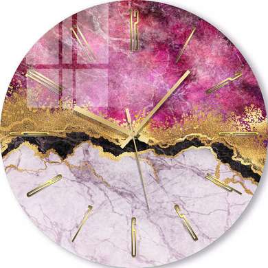 Glass clock - Pink marble with golden elements, 30cm