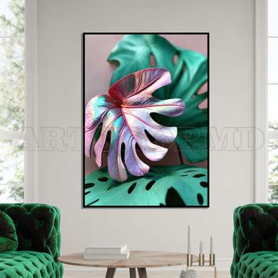 Poster - Pink and green monstera leaves, 60 x 90 см, Framed poster on glass, Botanical