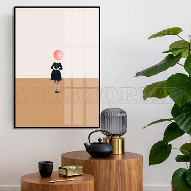 Poster - Girl in dress with pink balloon, 60 x 90 см, Framed poster on glass, Minimalism