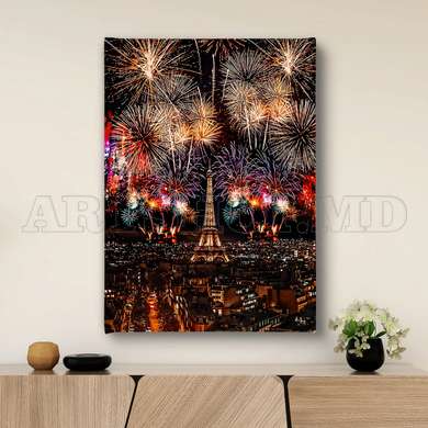 Poster - The fireworks and the Eiffel tower, 30 x 45 см, Canvas on frame, Maps and Cities