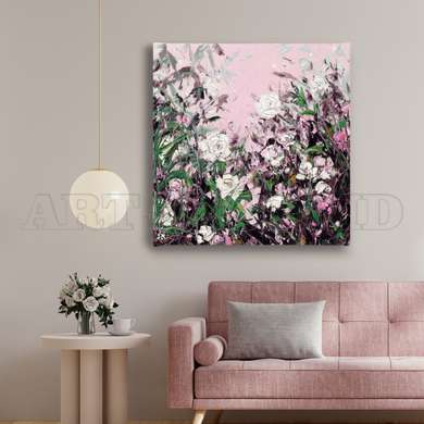 Poster - Delicate roses on a pink background, 100 x 100 см, Framed poster on glass, Flowers