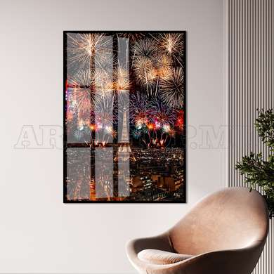 Poster - The fireworks and the Eiffel tower, 60 x 90 см, Framed poster on glass, Maps and Cities