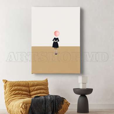 Poster - Girl in dress with pink balloon, 60 x 90 см, Framed poster on glass, Minimalism