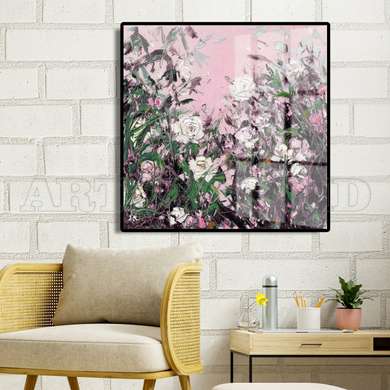 Poster - Delicate roses on a pink background, 100 x 100 см, Framed poster on glass, Flowers